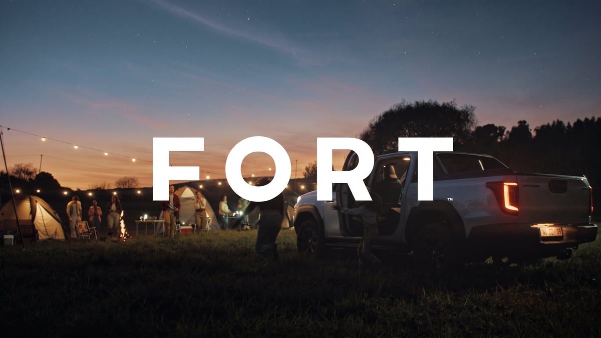 Text reading FORT overlaid on twilight scene with silhouetted people and vehicles gathered outdoors at dusk